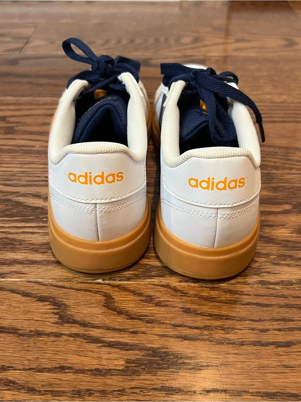 adidas White and Navy Leather Sneakers with Gum Outsole
